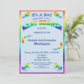 かわいい動物が付いているクールな虹の男の子のベビーシャワー 招待状 (スタンド正面)