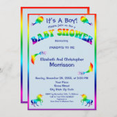 かわいい動物が付いているクールな虹の男の子のベビーシャワー 招待状 (正面/裏面)