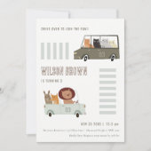 かわいい動物が車でお祝い 子供の誕生日 招待状 (正面)