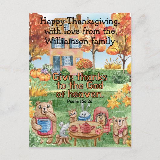 かわいい動物たちが感謝を表す子供向けの聖書 ポストカード (正面)