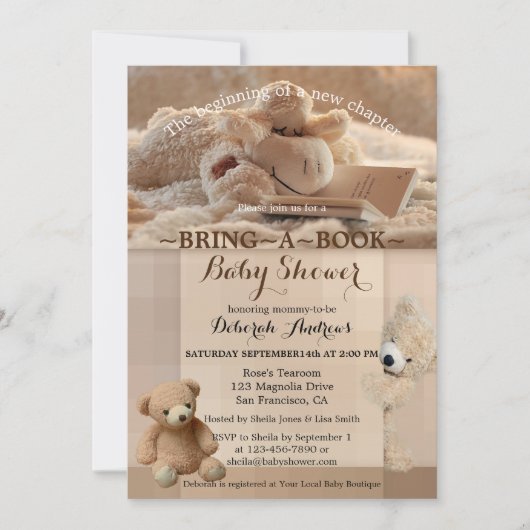 かわいい動物たちが本を持ってくる赤ちゃんシャワー招待状 招待状 (正面)