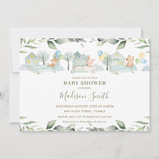 かわいい動物たちが車で緑のベビーシャワーを浴びる 招待状 (正面)