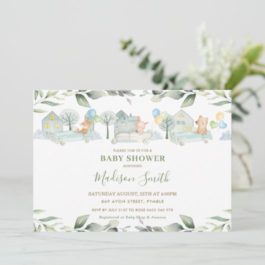 かわいい動物たちが車で緑のベビーシャワーを浴びる 招待状 (スタンド正面)
