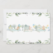 かわいい動物たちが車で緑のベビーシャワーを浴びる 招待状 (裏面)