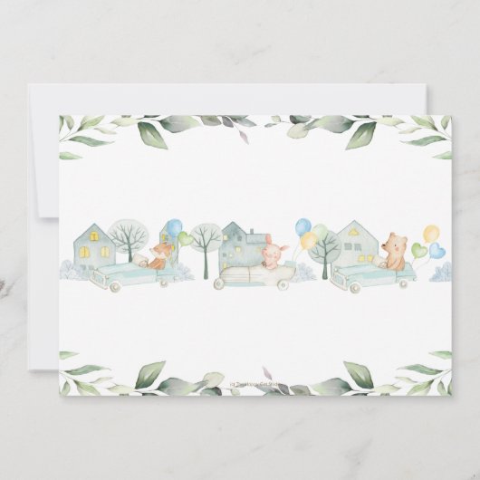 かわいい動物たちが車で緑のベビーシャワーを浴びる 招待状 (裏面)