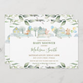 かわいい動物たちが車で緑のベビーシャワーを浴びる 招待状 (正面/裏面)