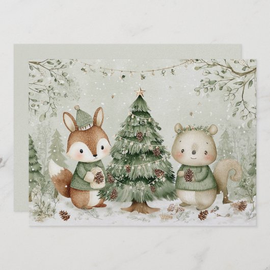 かわいい動物たちと一緒にクリスマスツリーを飾ったチャーミングなクリスマス シーズンカード (正面/裏面)