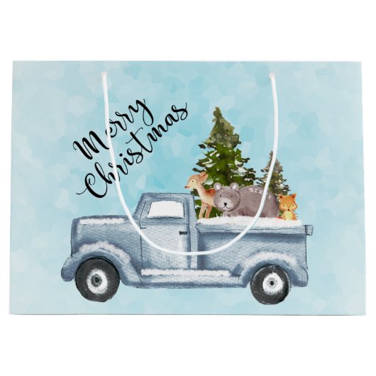 かわいい動物たちと一緒に楽しいクリスマストラック ラージペーパーバッグ (正面)