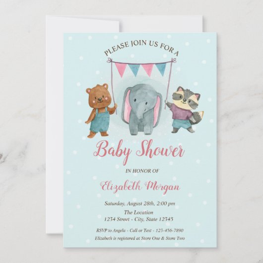 かわいい動物たちと青い水玉のベビーシャワー 招待状 (正面)