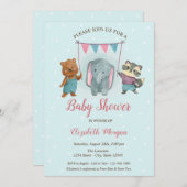 かわいい動物たちと青い水玉のベビーシャワー 招待状 (正面/裏面)