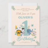 かわいい動物たちによるサファリアドベンチャー1歳の誕生日 招待状 (正面)