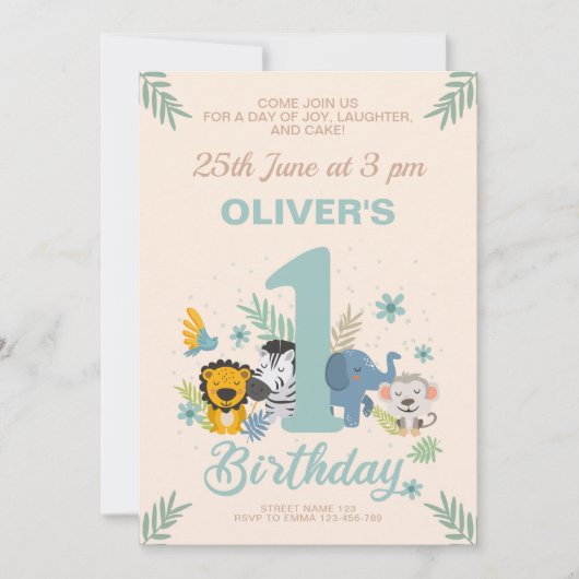 かわいい動物たちによるサファリアドベンチャー1歳の誕生日 招待状 (正面)