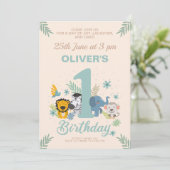 かわいい動物たちによるサファリアドベンチャー1歳の誕生日 招待状 (スタンド正面)