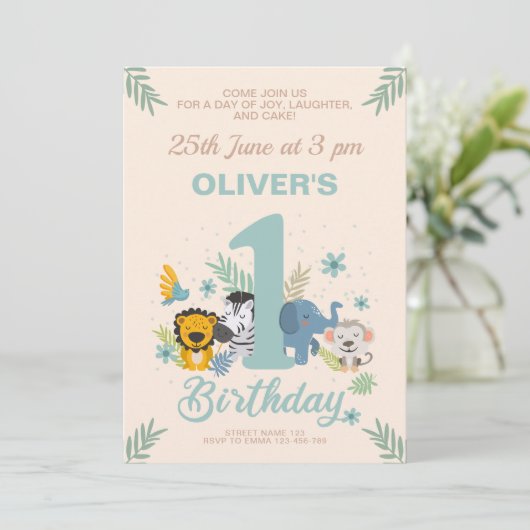 かわいい動物たちによるサファリアドベンチャー1歳の誕生日 招待状 (スタンド正面)