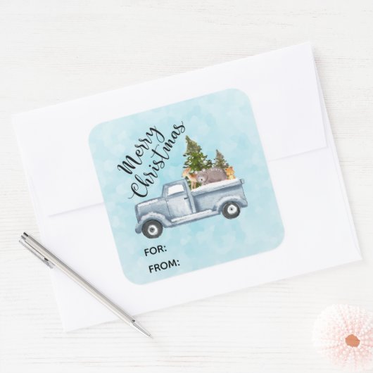 かわいい動物たちのいるクリスマストラック スクエアシール (封筒)