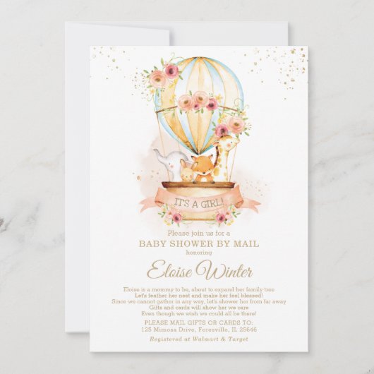 かわいい動物たちをメールで熱気球の赤ちゃんシャワー 招待状 (正面)