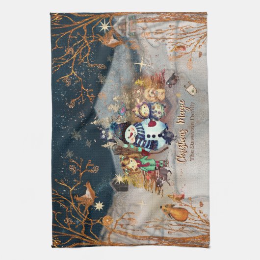 かわいい動物たち、キッズクリスマスブルー キッチンタオル (縦)