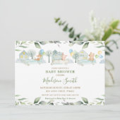 かわいい動物たち 車 植物 ベビーシャワー 男の子 招待状 (スタンド正面)