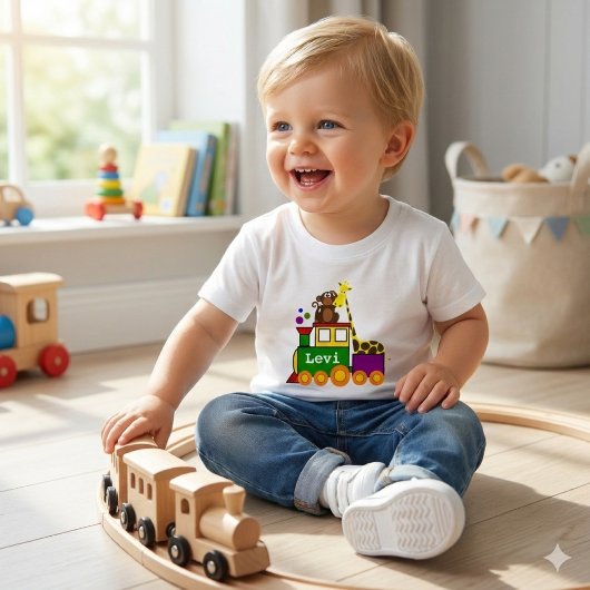 かわいい動物とおもちゃの列車 ベビーTシャツ