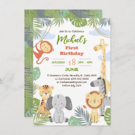 かわいい動物とのフラット1歳の誕生日の招待。