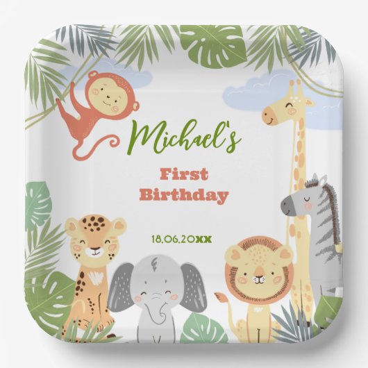 かわいい動物との最初の誕生日紙プレート。 ペーパープレート (正面)