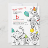 かわいい動物との5歳おもしろいの誕生日の招待。 招待状 (正面)