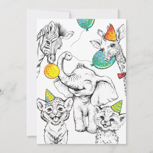 かわいい動物との5歳おもしろいの誕生日の招待。 招待状 (裏面)