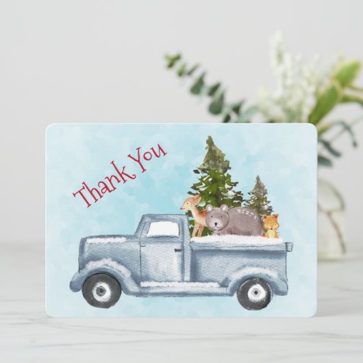 かわいい動物とクリスマストラックありがとう サンキューカード (スタンド正面)