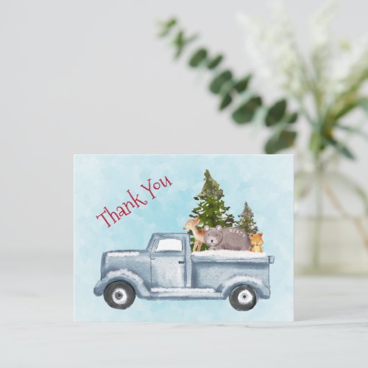 かわいい動物とクリスマストラックありがとう ポストカード (スタンド正面)