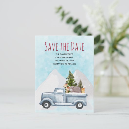 かわいい動物とクリスマストラックがデートを救う インビテーションポストカード (スタンド正面)