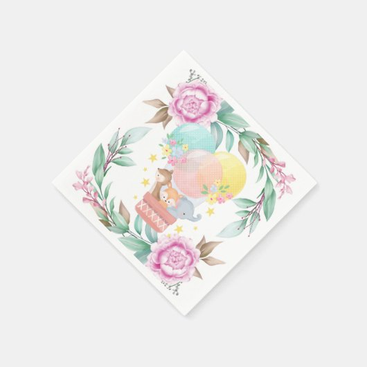かわいい動物とピンク牡丹の赤ちゃんシャワー スタンダードカクテルナプキン (角)