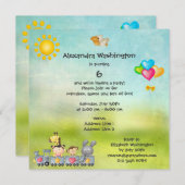 かわいい動物と少女が電車の誕生日パーティーに 招待状 (正面/裏面)