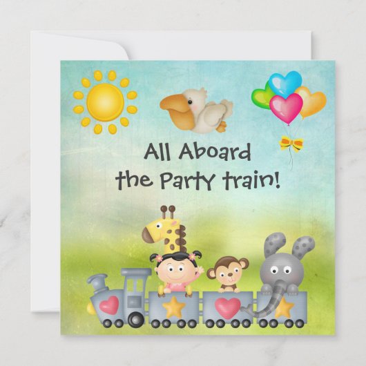 かわいい動物と少女が電車の誕生日パーティーに 招待状 (裏面)