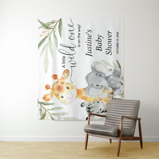 かわいい動物と緑のベビーシャワー背景看板 タペストリー (インサイチュ)