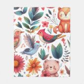 かわいい動物と自然葉のフローラ フリースブランケット (正面)