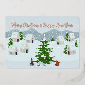 かわいい動物と雪のクリスマスヴィレッジ 箔シーズンカード (正面)