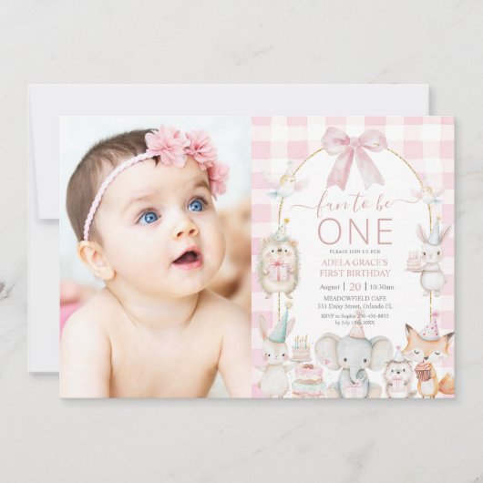 かわいい動物のおもしろいが1歳の誕生日ピンクの写真に 招待状 (正面)