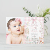 かわいい動物のおもしろいが1歳の誕生日ピンクの写真に 招待状 (スタンド正面)