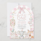 かわいい動物のおもしろいは1歳の誕生日ピンクのアーチ 招待状 (正面)