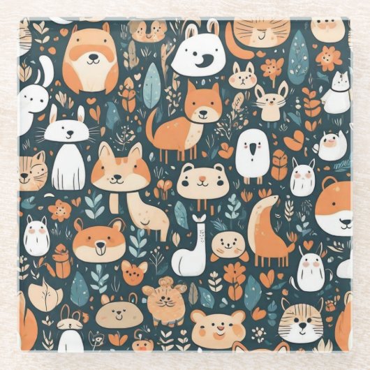 かわいい動物のおもしろいデザイン緑の装飾 ガラスコースター (正面)