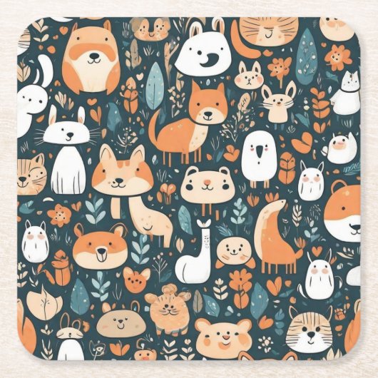 かわいい動物のおもしろいデザイン緑の装飾 スクエアペーパーコースター (正面)
