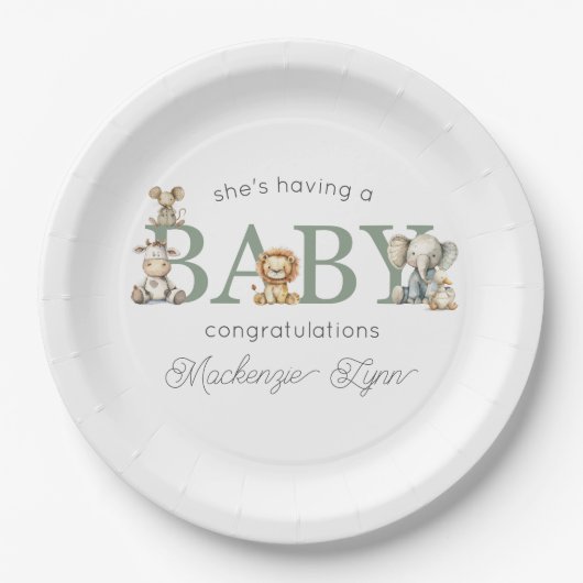 かわいい動物のぬいぐるみ男女兼用赤ちゃんシャワー ペーパープレート (正面)