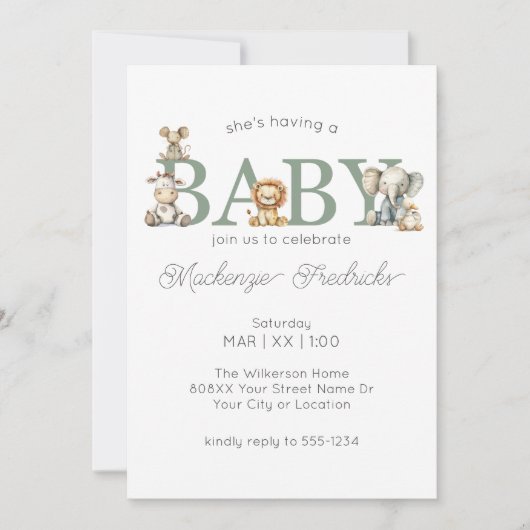 かわいい動物のぬいぐるみ男女兼用赤ちゃんシャワー 招待状 (正面)