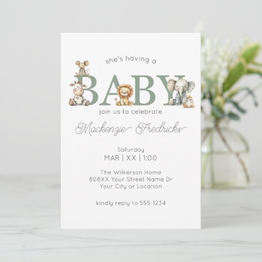 かわいい動物のぬいぐるみ男女兼用赤ちゃんシャワー 招待状 (スタンド正面)