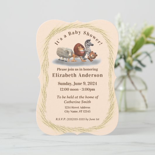 かわいい動物のぬいぐるみ赤ちゃんシャワー招待状 招待状 (スタンド正面)