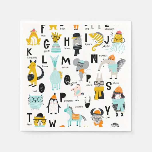 かわいい動物のアルファベット |帽子を持っている人もいる スタンダードカクテルナプキン (正面)