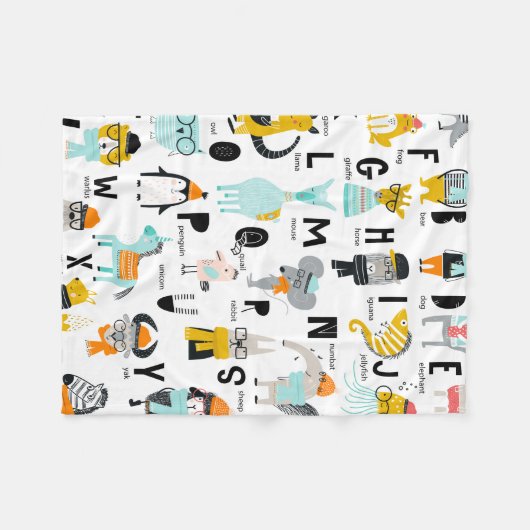 かわいい動物のアルファベット |帽子を持っている人もいる フリースブランケット (正面(横))