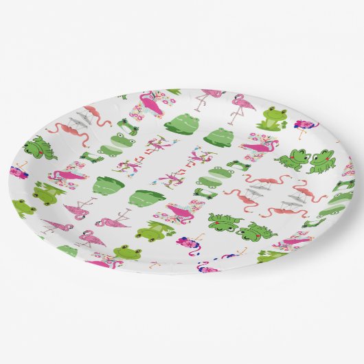 かわいい動物のカエルとフラミンゴ ペーパープレート (アングル)