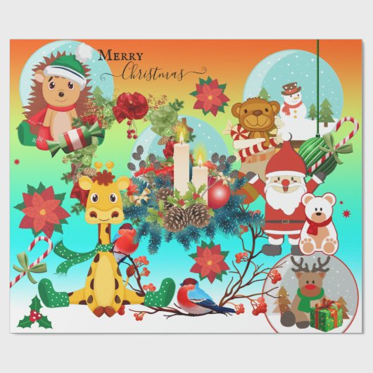 かわいい動物のカラフルなクリスマス包装紙 ラッピングペーパー (フラット)
