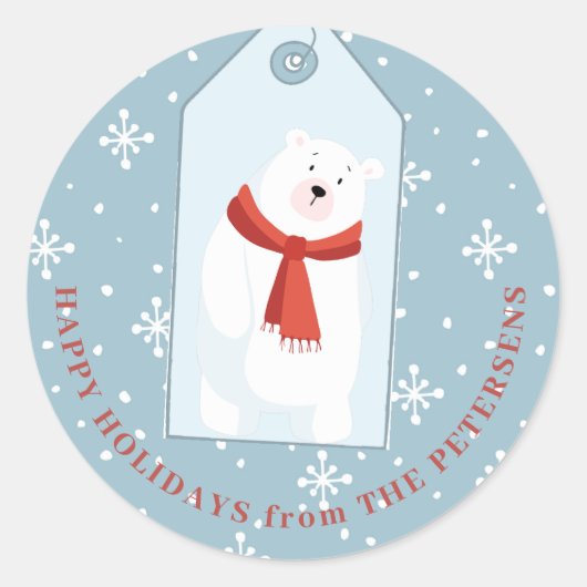 かわいい動物のクリスマス冬のユーモアあふれる白熊青 ラウンドシール (正面)